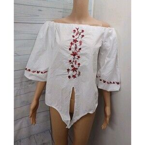 Beach lunch lounge 100% cotton white Embroidery Ballon sleeve blouse M Tie Front